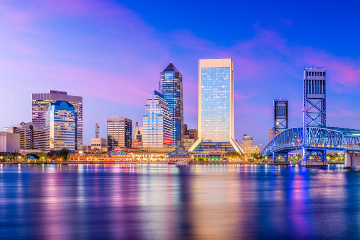 Jacksonville, Florida, USA skyline on the river at twilight.