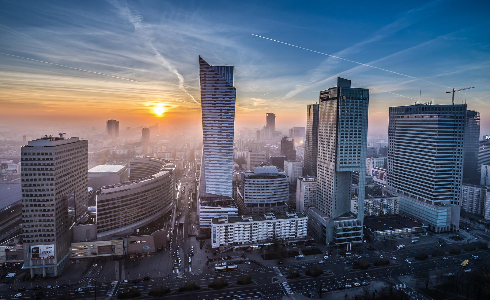 WARSAW POLAND - NOVEMBER 3 2015. Aerial view with Golden Terraces Zlota 44 skyscraper Warsaw Towers InterContinental Hotel Warsaw Financial Center in Warsaw